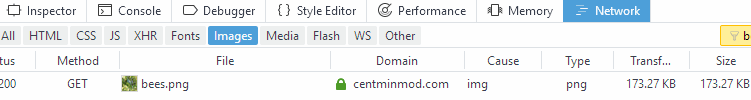 Firefox DevTools showing bees.png served with PNG mime type, demonstrating automatic fallback for non-WebP browsers